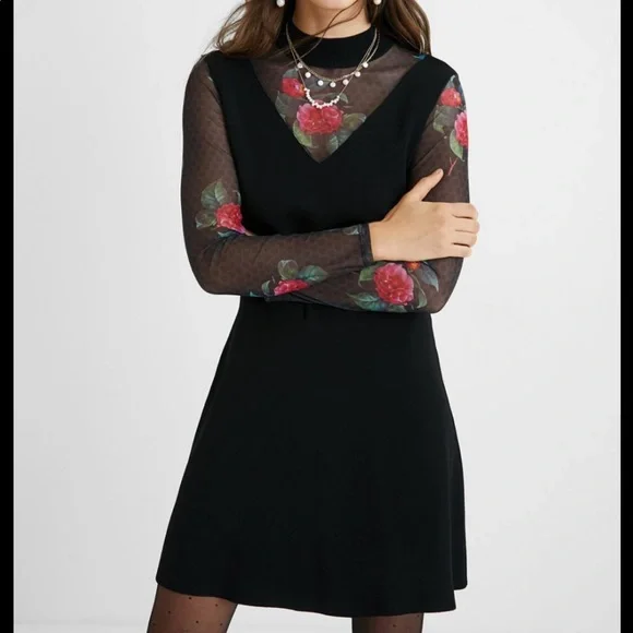knee length dresses for ladies Desigual Mesh Dress  Brown & Cream Print  Estell Boutique